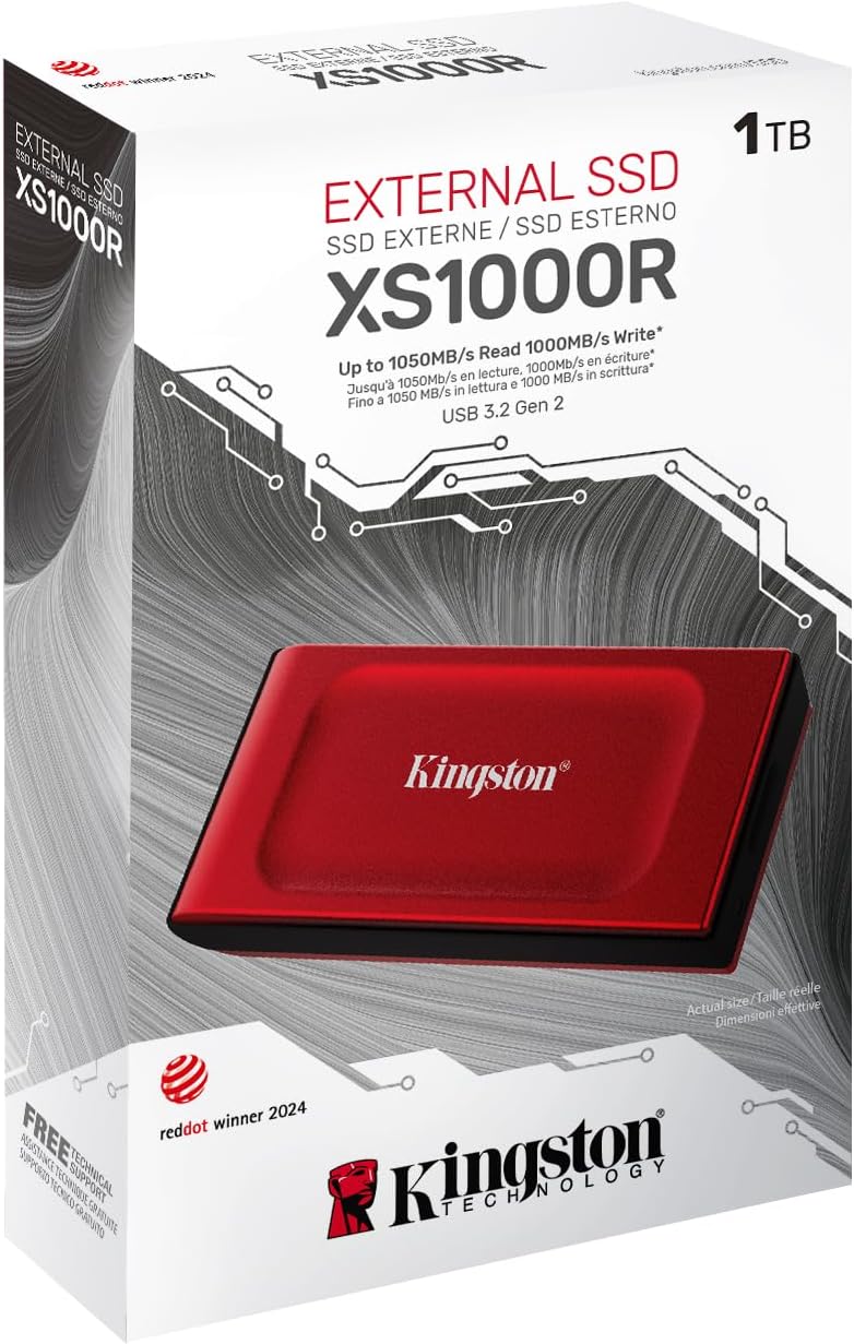 Kingston XS1000 1TB External SSD USB 3.2 Gen 2 Portable Solid State Drive Red - SXS1000R/1000G