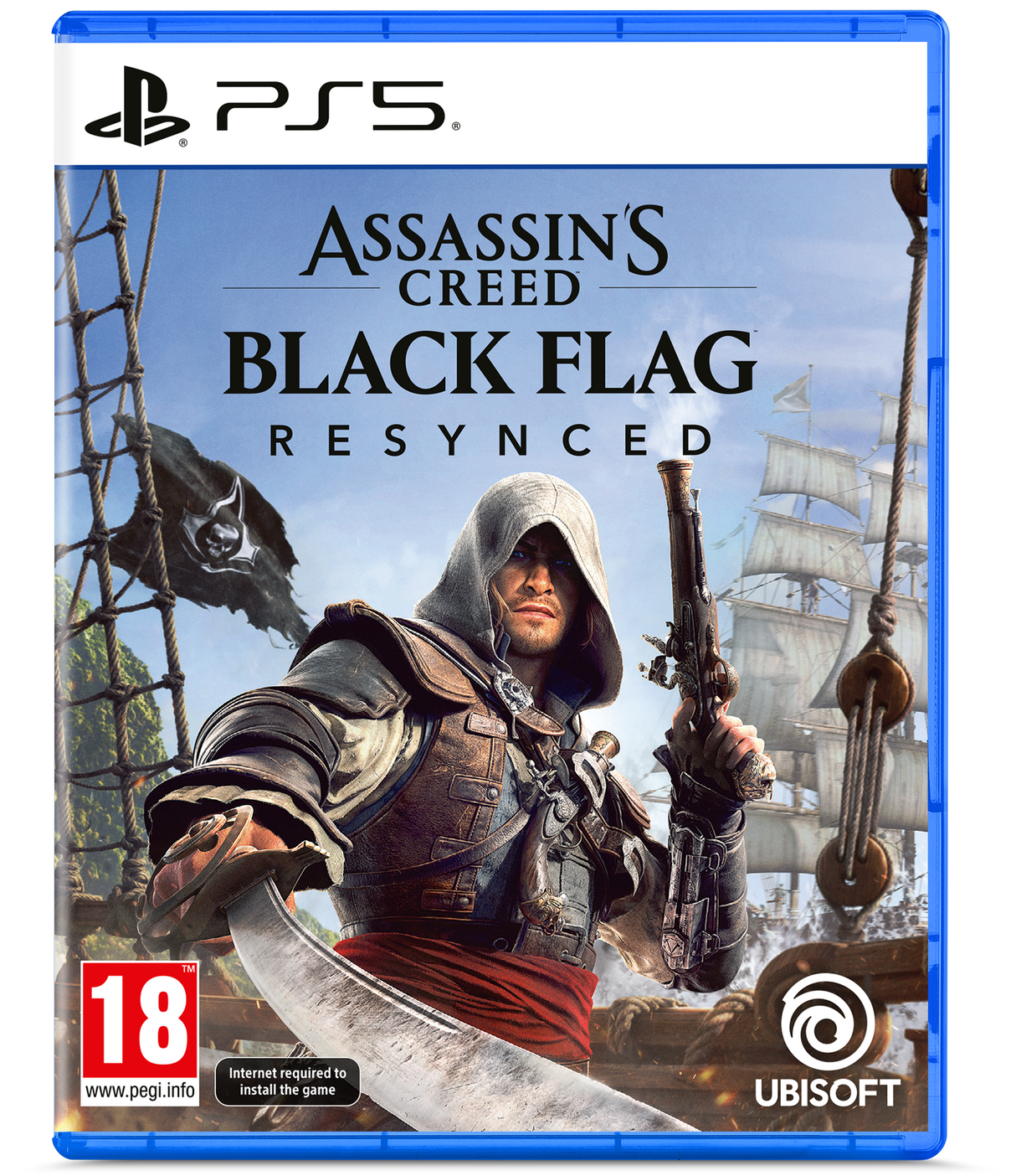 Assassin's Creed Black Flag Resynced game case for PS5 with character holding a sword and gun, ship in background.