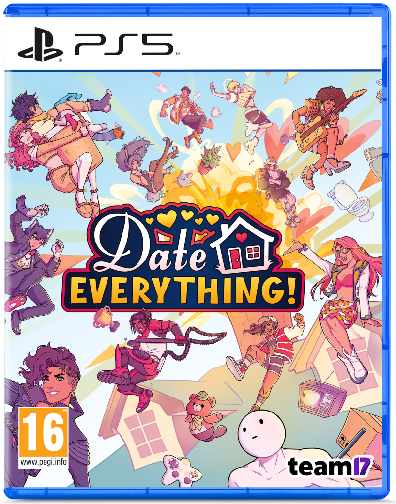 PlayStation 5 game disc for 'Date Everything!' with colorful graphics and character illustrations.