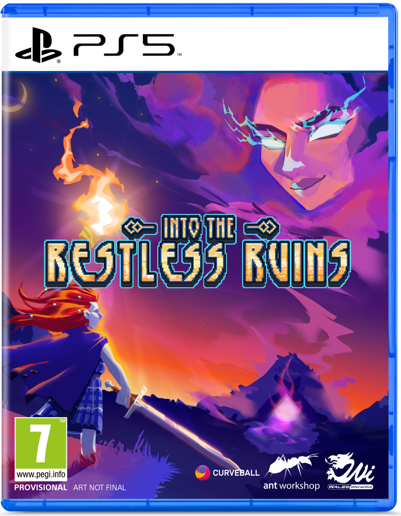 PlayStation 5 game case for 'Into the Restless Ruins' with colorful artwork and branding.