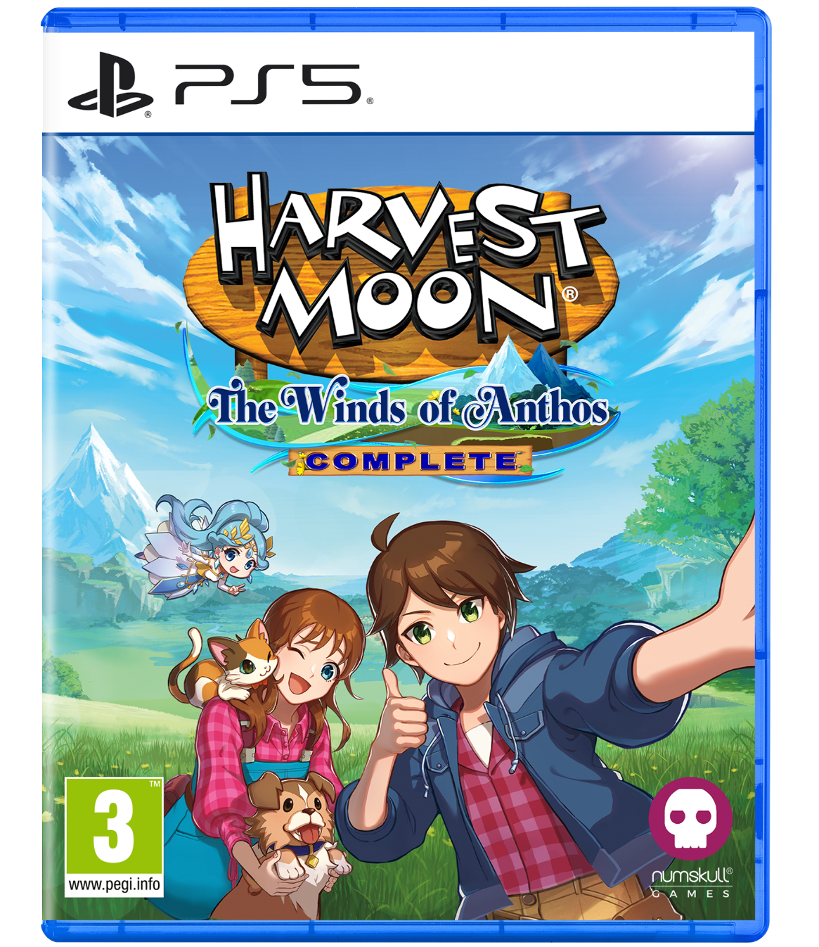 PlayStation 5 game case for 'Harvest Moon: The Winds of Anthos Complete' with characters and scenic design.