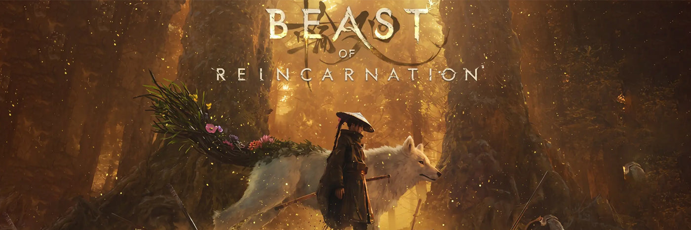 Promotional artwork for the video game Beast of Reincarnation, showing a dark-robed figure standing beside a white wolf in a glowing golden forest, with the title text 'BEAST OF REINCARNATION' at the top.