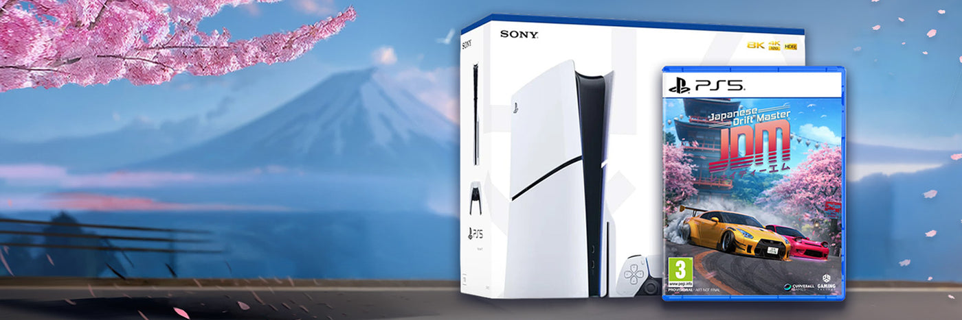 Blossom tree, volcano, PS5 console and copy of JDM: Japanese Drift Master game. Promoting the chance to win a PS5 console by pre-ordering the game.