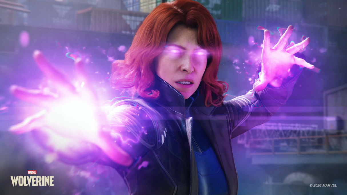 Jean Grey against a blurred cityscape background in Marvel's Wolverine PS5