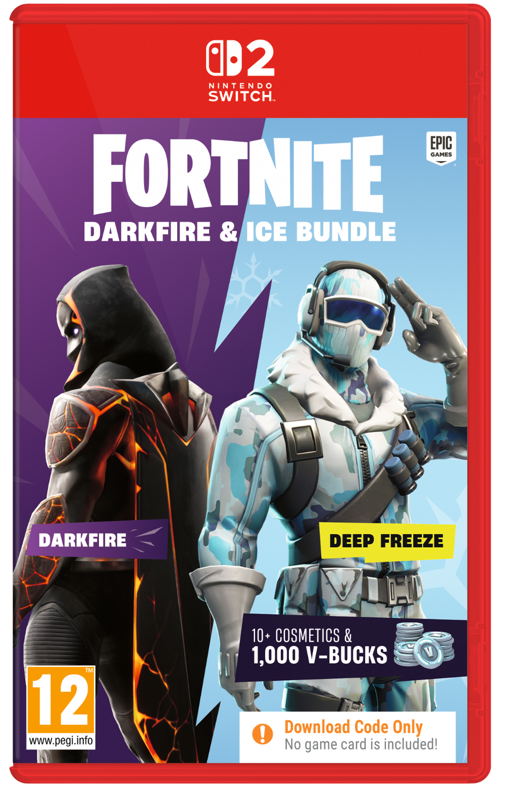 Fortnite Darkfire & Ice Bundle packaging for Nintendo Switch with two characters on a red and purple background.