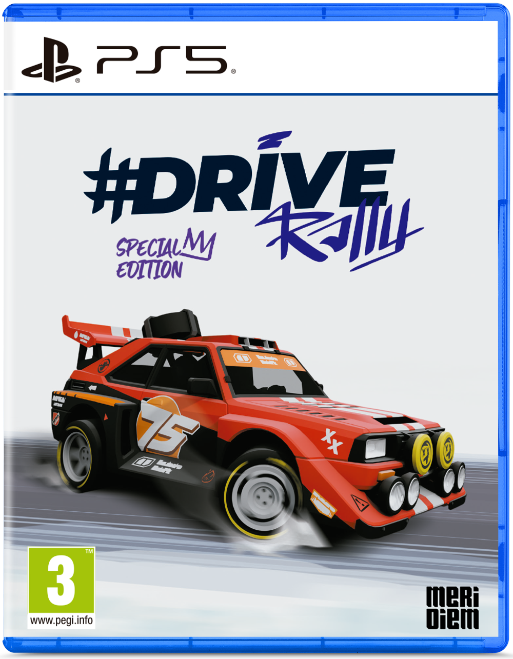 PlayStation 5 game disc cover for '#Drive Rally' with a racing car on a white background