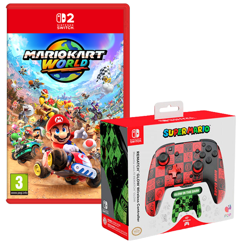 Mario Kart World with PDP Wireless Deluxe Controller GLOW Super Icons (Switch 2)