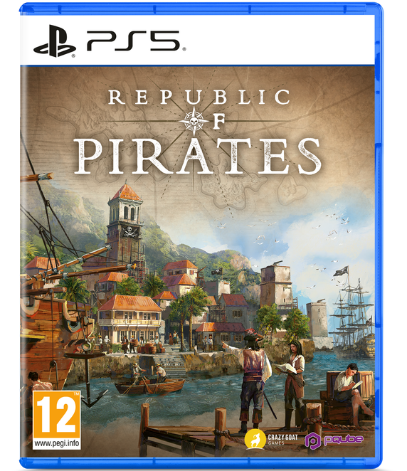 Game box for 'Republic of Pirates' on PS5 with a coastal scene and characters.