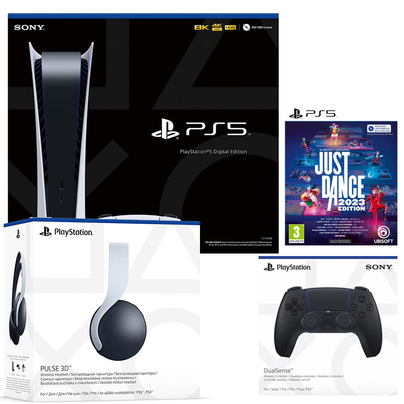 PlayStation 5 Digital, Just Dance 23, DualSense Controller and Pulse 3D Wireless Headset - White