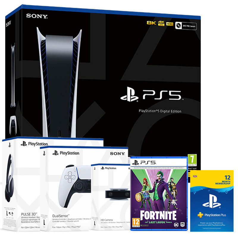PlayStation 5 Console Digital, Controller, HD Camera, Headset, Fortnite,PlayStation Plus 12 Month