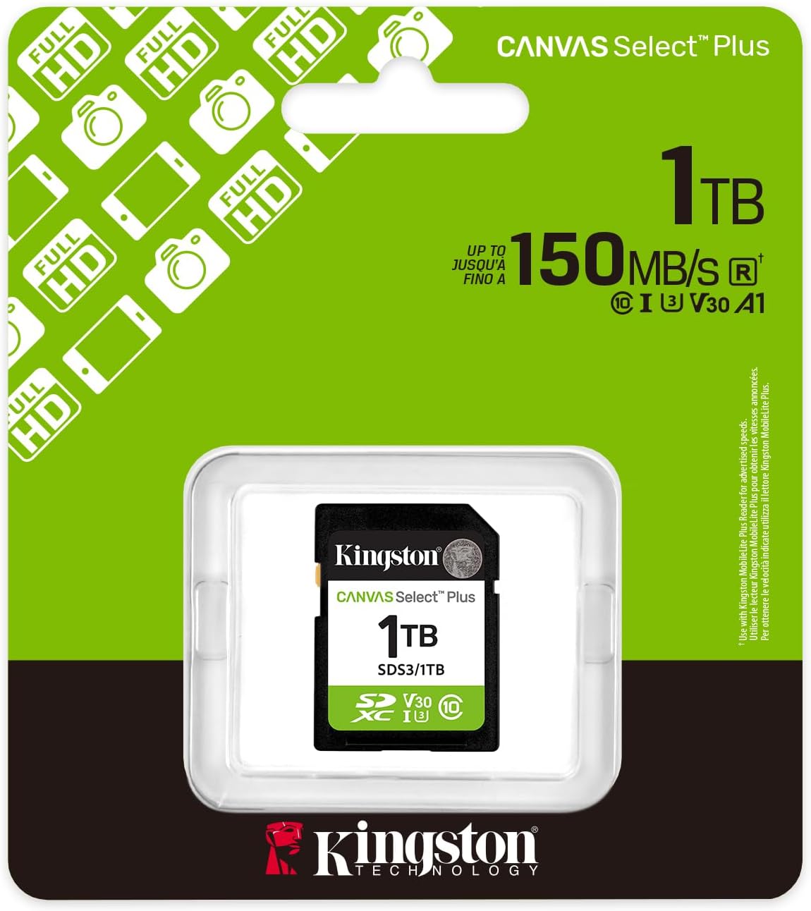 Kingston Canvas Select Plus SD Memory Card 1TB SDXC Gen3 150MB/s C10 UHS-I U3 V30 - SDS3/1TB