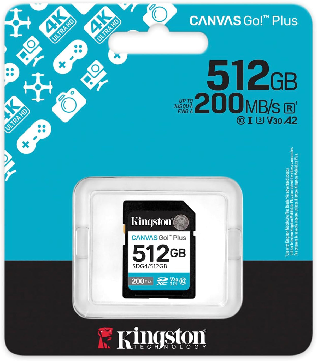 Kingston Canvas Go Plus SDXC Memory Card Gen4 200MB/s C10 UHS-I U3 V30 512GB-SDG4/512GB