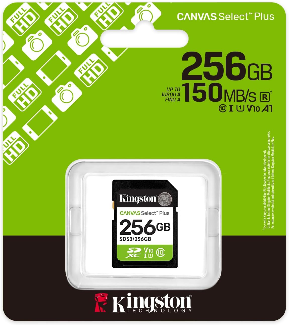 Kingston Canvas Select Plus SD Memory Card 256GB SDXC Gen3 150MB/s C10 UHS-I U1 V10 - SDS3/256GB
