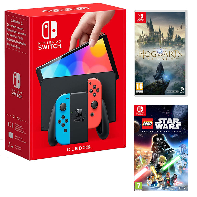 Nintendo Switch OLED Console - Neon with Lego Star Wars: The Skywalker Saga & HogwartsLegacy(Switch)