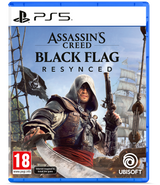 Assassin's Creed Black Flag Resynced game case for PS5 with character holding a sword and gun, ship in background.