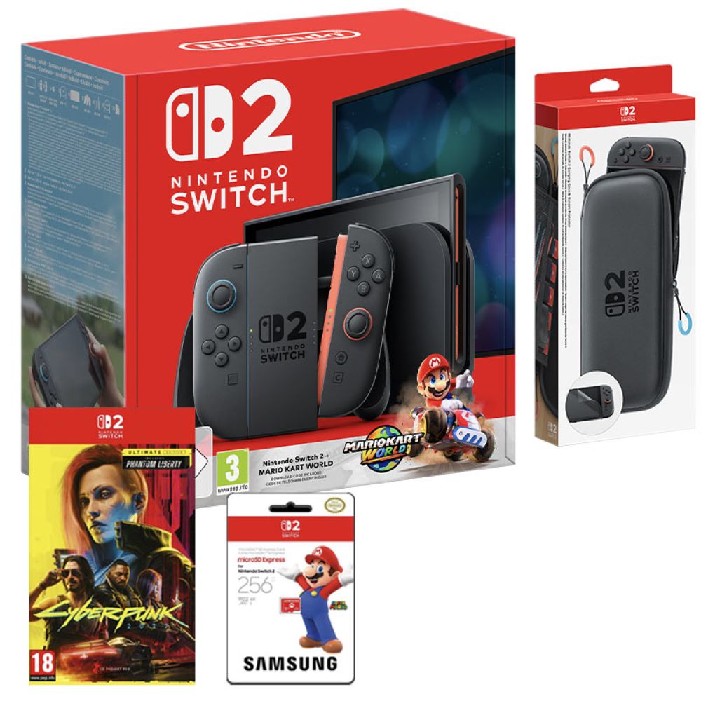 Nintendo Switch 2 Mario Kart World Bundle + Case & Screen Protector + Cyberpunk 2077 + 256GB MicroSD