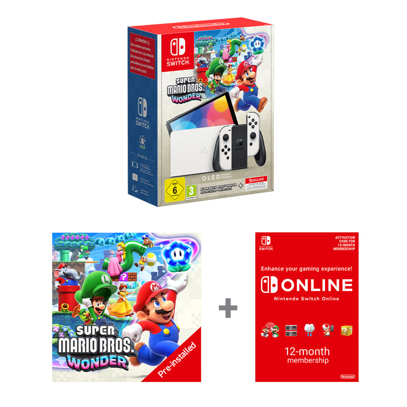 Nintendo Switch OLED - White + Super Mario Bros. Wonder w/ 12 Months Nintendo Switch Online (Switch)