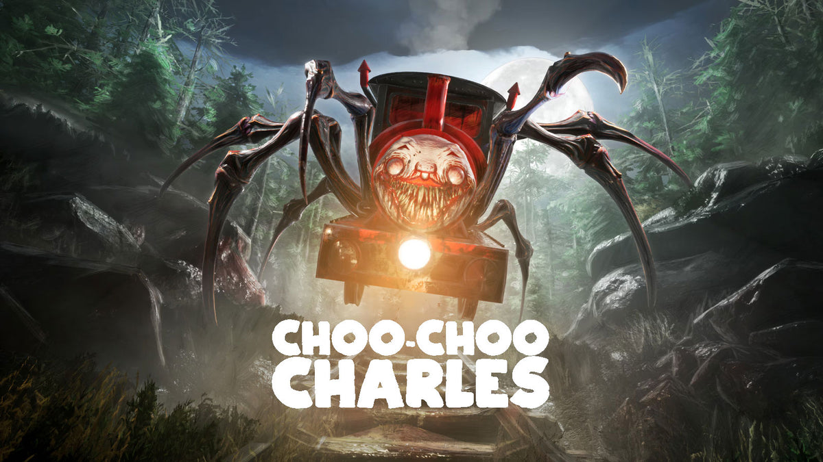 A stylized horror game or poster scene showing a red train car with a large spider-like driver and glowing headlights in a dark forest. The title text 'CHOO-CHOO CHARLES' appears prominently at the bottom.