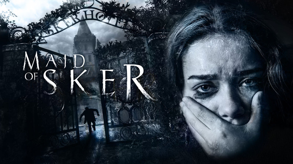 Promotional artwork for 'Maid of Sker' featuring a distressed woman covering her mouth in fear, alongside a dark gothic mansion and gate with a shadowy figure walking through the yard.