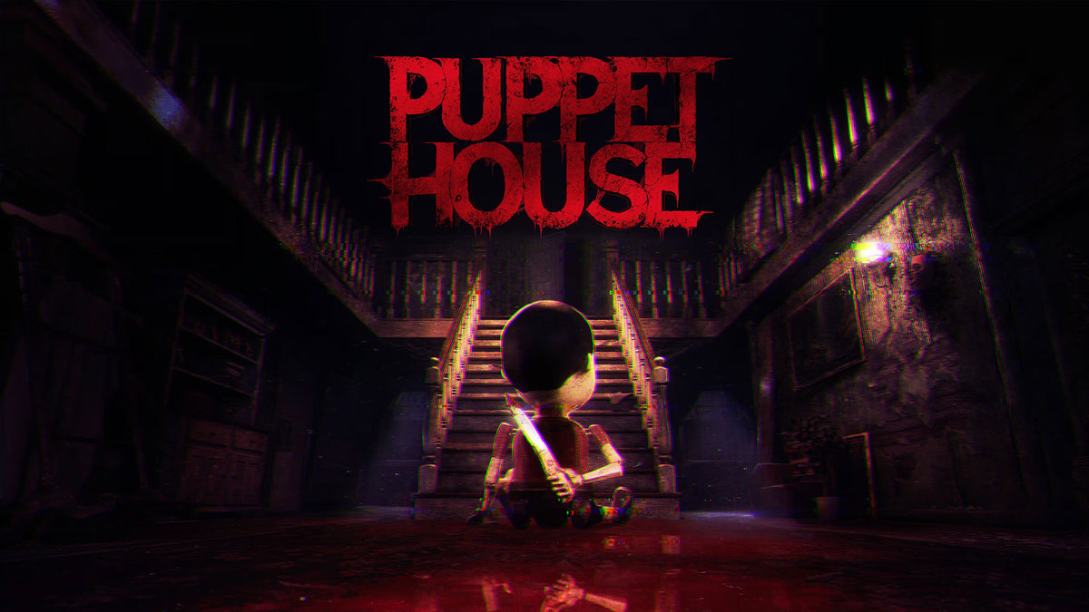 Artwork for Puppet House  - character holding a knife behind their back at the bottom of a staircase. Puppet House - published by Curveball Games