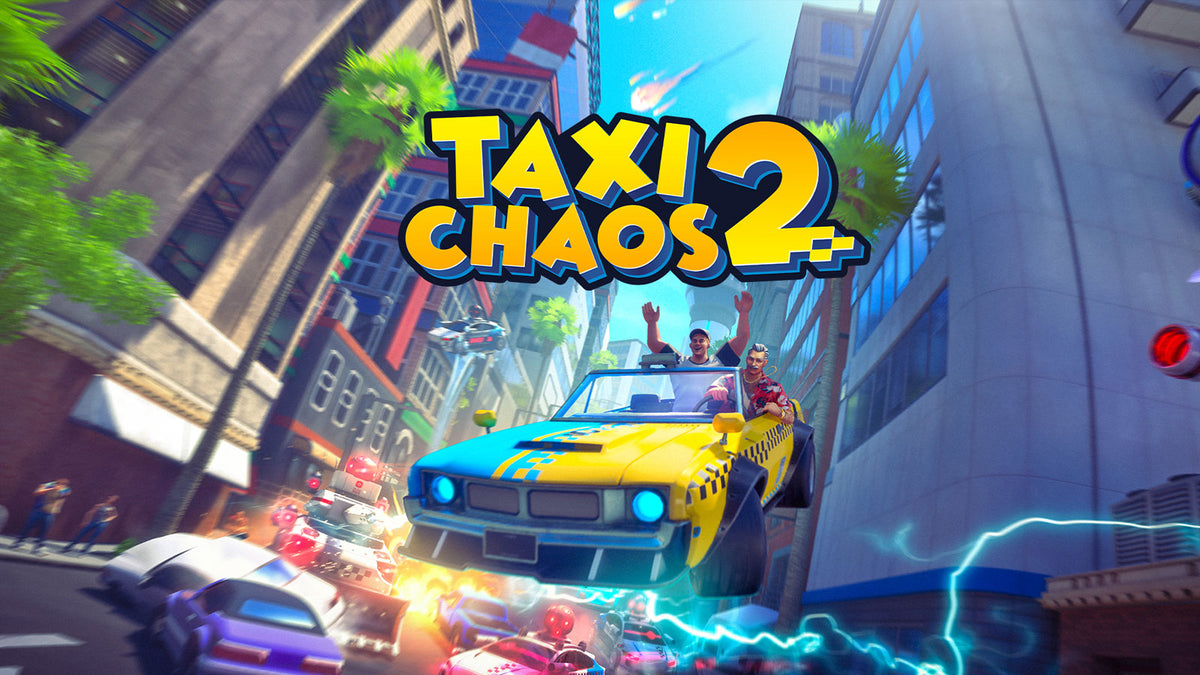 Promotional artwork for the video game Taxi Chaos 2, showing a yellow and blue taxi driving through a stylized city street with large buildings, other cars, and the game title in bold yellow text across the top.