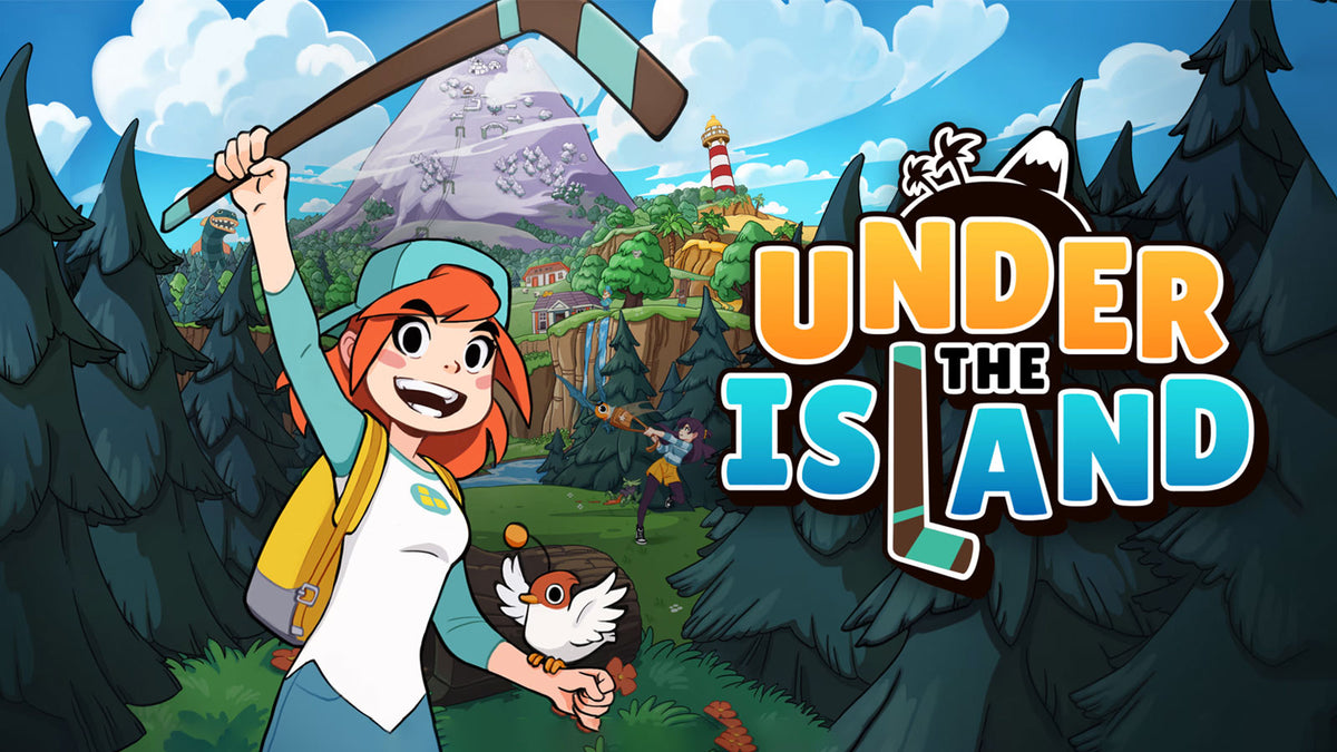 Promotional artwork for the video game Under the Island, featuring a cartoon-style female character with orange hair holding a hockey stick and puck in a forest setting, with the game title displayed prominently on the right.