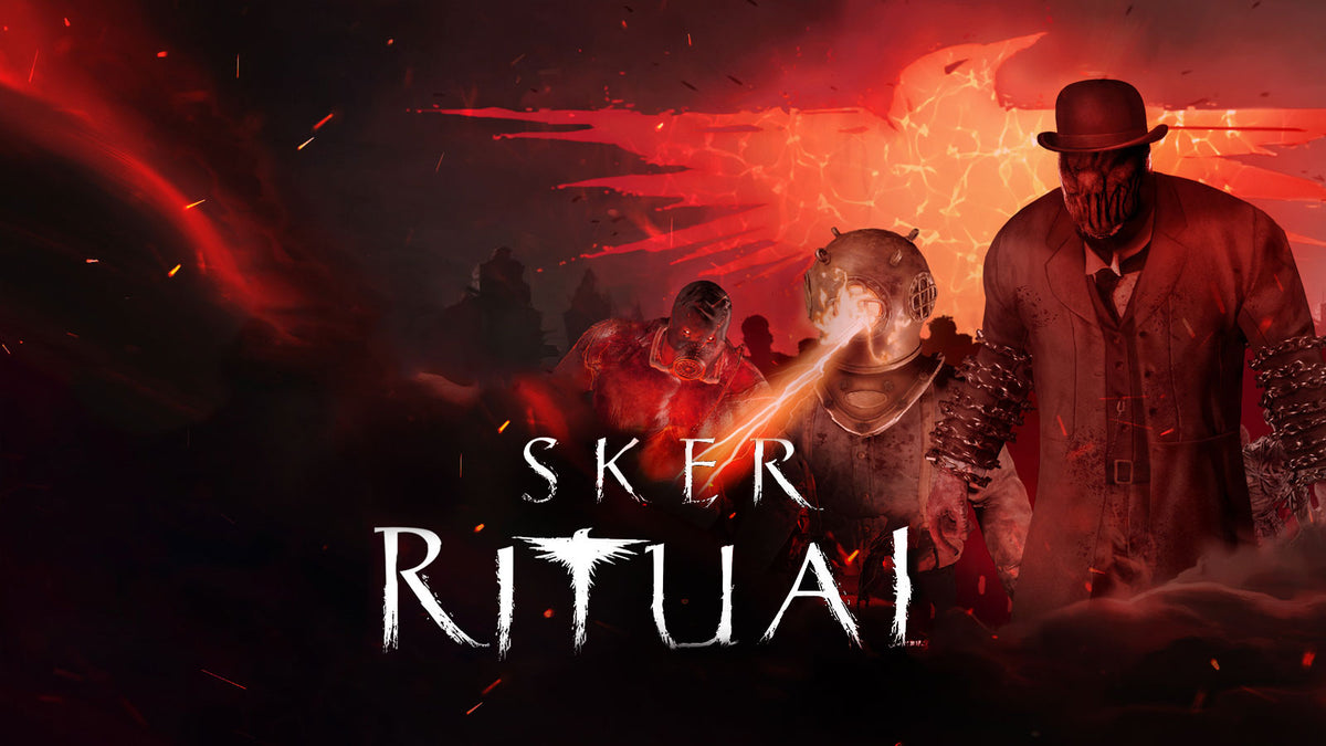 Promotional artwork for the video game 'Sker Ritual' featuring a masked figure in a fedora and trench coat, a glowing skull-like head, and dark red fiery background with the stylized title text.