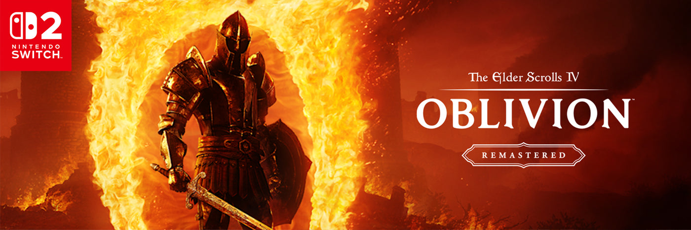 Nintendo Switch 2 game cover art for The Elder Scrolls IV: Oblivion Remastered, featuring a knight in armor standing before a glowing fiery ring, with the Nintendo Switch 2 logo in the top-left corner.