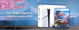 Sony PlayStation 5 console shown in white retail packaging next to the PS5 game case for JDM, with promotional text reading 'Pre-Order JDM for a chance to win a PS5!' on a blue scenic background with pink cherry blossoms.