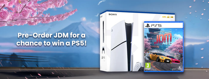 Sony PlayStation 5 console shown in white retail packaging next to the PS5 game case for JDM, with promotional text reading 'Pre-Order JDM for a chance to win a PS5!' on a blue scenic background with pink cherry blossoms.