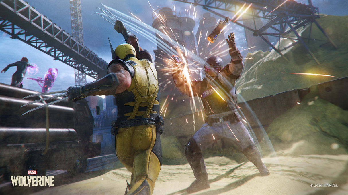 Wolverine fighting an opponent with sparks flying, against a cityscape background.