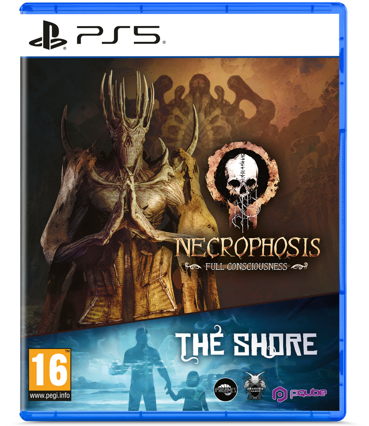 Game case for 'Necrophosis' and 'The Shore' on PS5 with artistic design and branding.