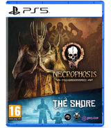 Game case for 'Necrophosis' and 'The Shore' on PS5 with artistic design and branding.