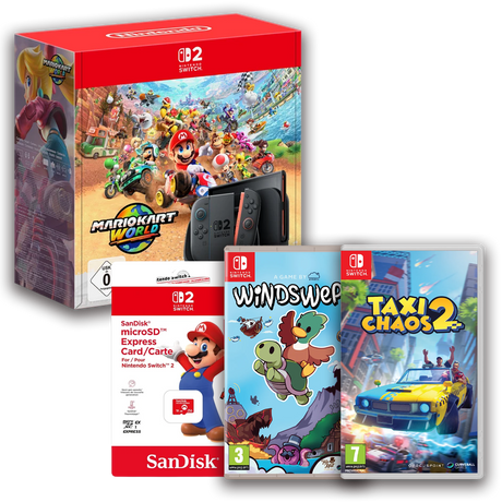 Nintendo Switch 2 Mario Kart World Bundle with Taxi Chaos, Windswept & 256GB Micro SD Card