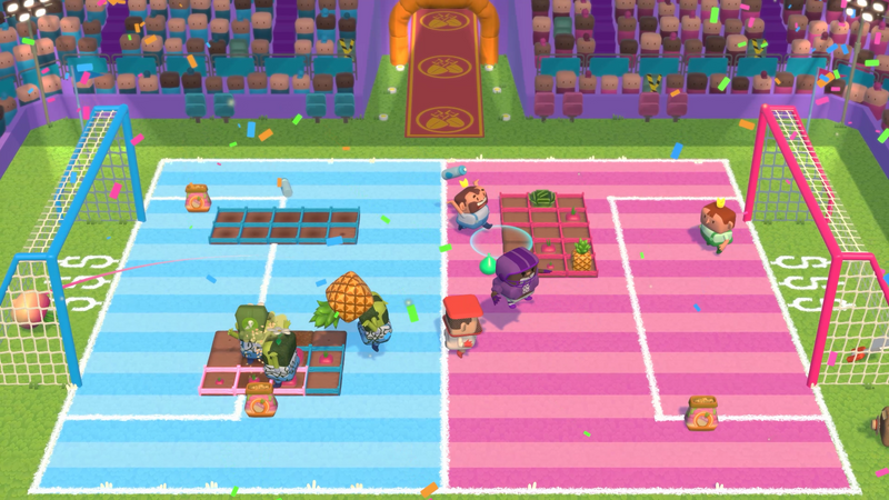Planted! gameplay screenshot showing a player scoring points by launching produce into a goal