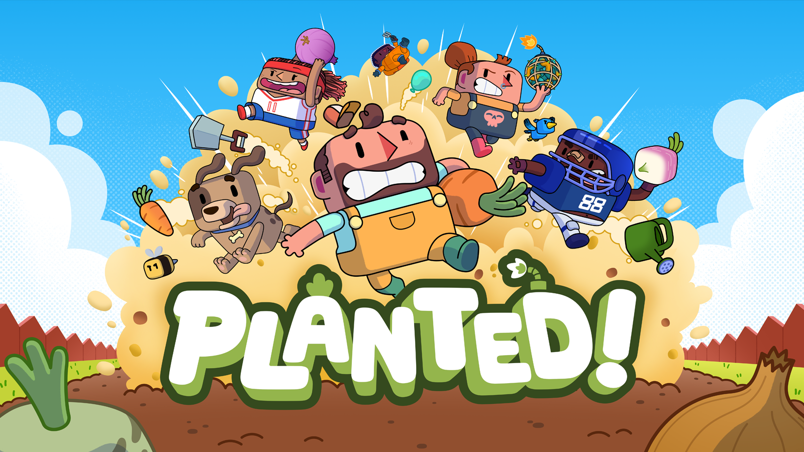 Game title 'Planted!' with cartoon characters and a blue sky background