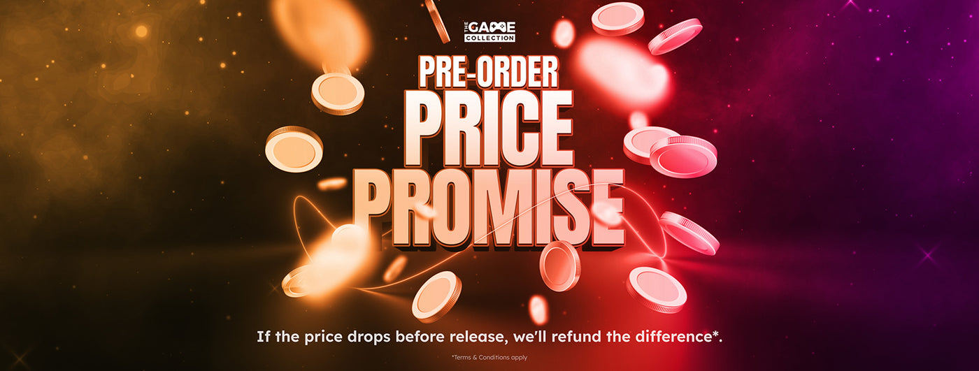 Promotional banner for a pre-order price promise with glowing text and abstract lights on a dark background.