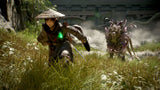 Emma in a grassy field running away from the enemy