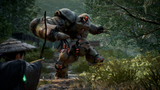Robot in a forest with protagonist Emma poised and ready to shoot with a bow and arrow