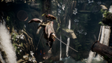 Emma jumping through a river in Beast of Reincarnation - with a sword, surrounded by nature element.