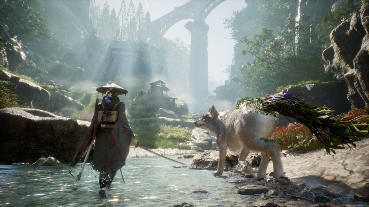 Emma and Koo walking along a river in Japan: Year 4026 with stone arches and trees.