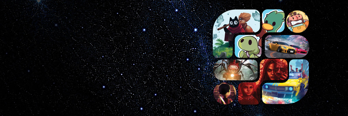 A dark space-themed graphic with a starry black background and a cluster of colourful rounded rectangular tiles on the right side, each showing different illustrated scenes and characters from video games published by Curveball Games.