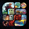 A collage of colourful cartoon and game-style character panels arranged inside rounded square shapes on a black starry space background. The panels show various characters from video games published by Curveball Games