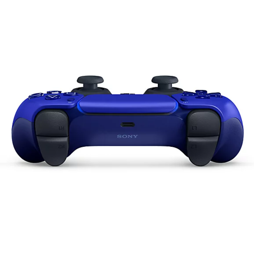 Cobalt Blue PS5 DualSense controller showing rear square on, on a white background